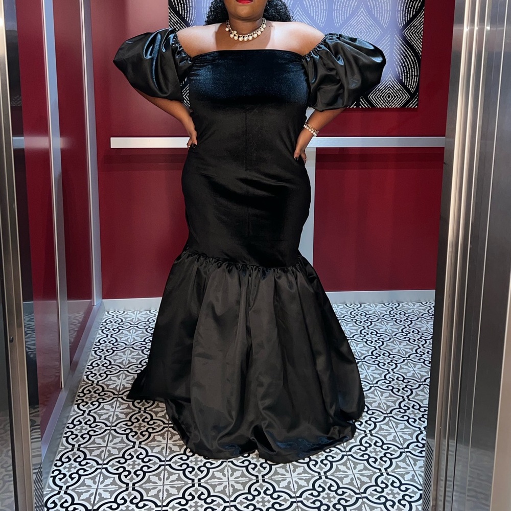 One of a Kind Formal Black Evening Gown with Fish Tail and Balloon Sleeve